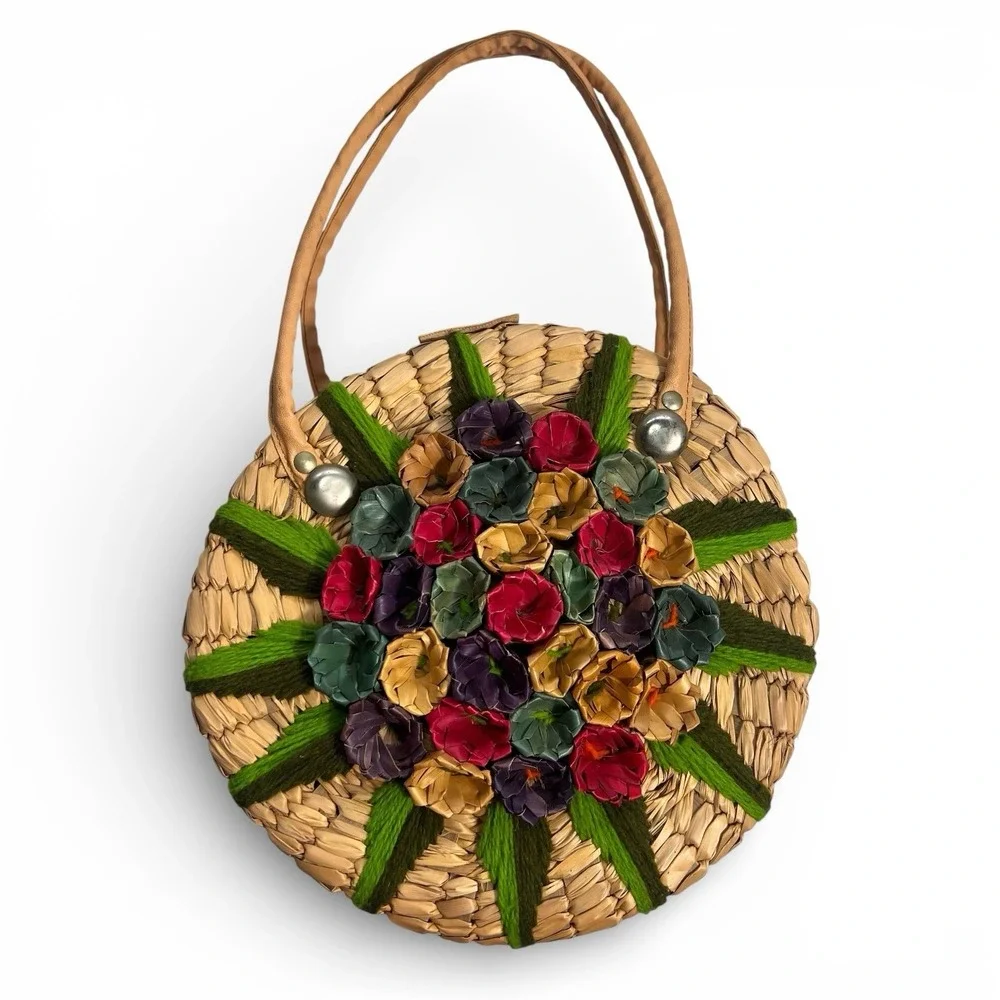 Vintage 1960s Round Straw Purse Floral Raffia Handbag Resort Cruise Bag